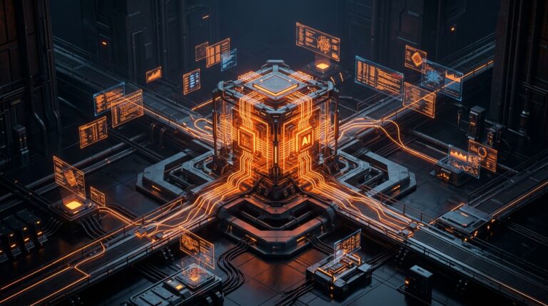 3D Isometric Futuristic AI Marketing Brain Core with Neon Orange Circuitry