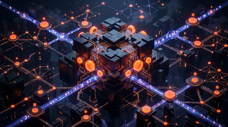 3D Isometric render of glowing neon orange token incentive nodes and decentralized liquidity network on dark obsidian background