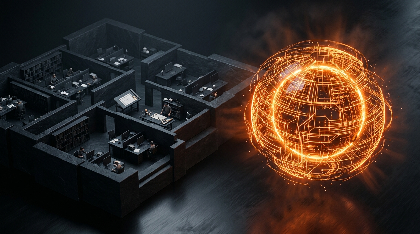 3D render comparing dark slate agency office workspace layout and a glowing orange AI operating system core