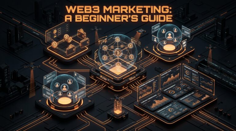 What is Web3 Marketing: A Beginner's Guide 3D Isometric Cyberpunk Banner