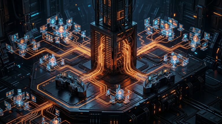 3D Isometric Futuristic Web3 CRM Command Center with Glowing Orange Network Nodes