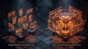 3D render comparing dark slate fragmented web tools layout and a glowing neon orange AI operating system core
