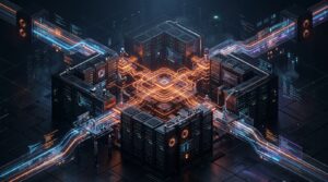 3D Isometric render of an autonomous developer growth engine with glowing neon orange SDK circuit nodes and holographic API code highways on dark obsidian server background
