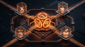 3D Isometric render of an autonomous multi-channel AI marketing hub with glowing neon orange nodes and dark obsidian background