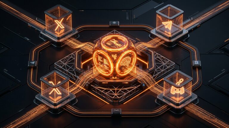 3D Isometric render of an autonomous multi-channel AI marketing hub with glowing neon orange nodes and dark obsidian background