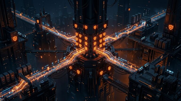 3D Isometric render of an institutional compliance and attribution vault with glowing neon orange shield nodes and encrypted blockchain data highways on dark obsidian background