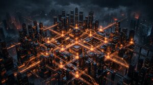 3D Isometric illustration of an institutional VC portfolio growth hub with glowing neon orange nodes and dark obsidian metallic skyscraper blocks on dark background