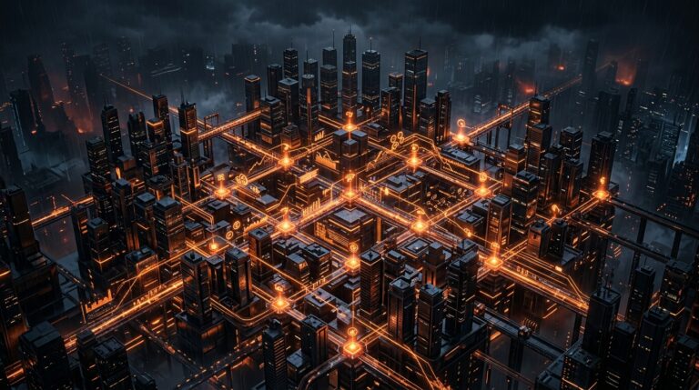 3D Isometric illustration of an institutional VC portfolio growth hub with glowing neon orange nodes and dark obsidian metallic skyscraper blocks on dark background