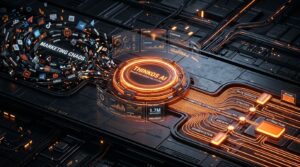 3D Isometric render of ThinkOS AI marketing operating system turning marketing chaos into ordered glowing neon orange data pathways