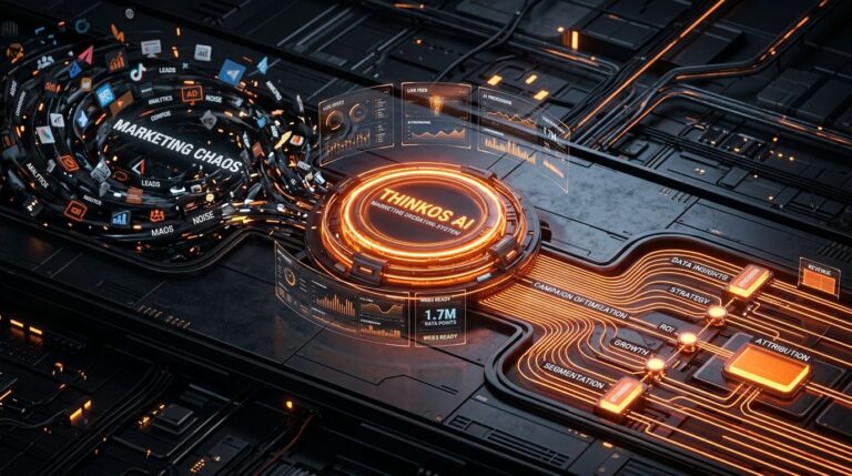 3D Isometric render of ThinkOS AI marketing operating system turning marketing chaos into ordered glowing neon orange data pathways